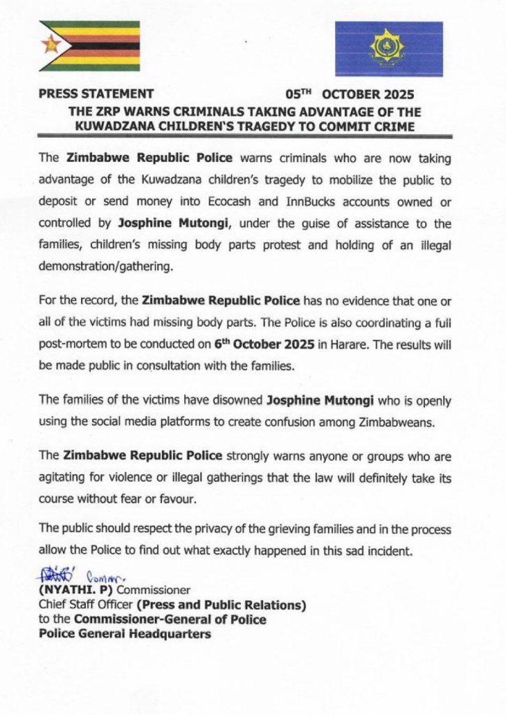 ZRP Warns Against Exploiting Kuwadzana Tragedy
