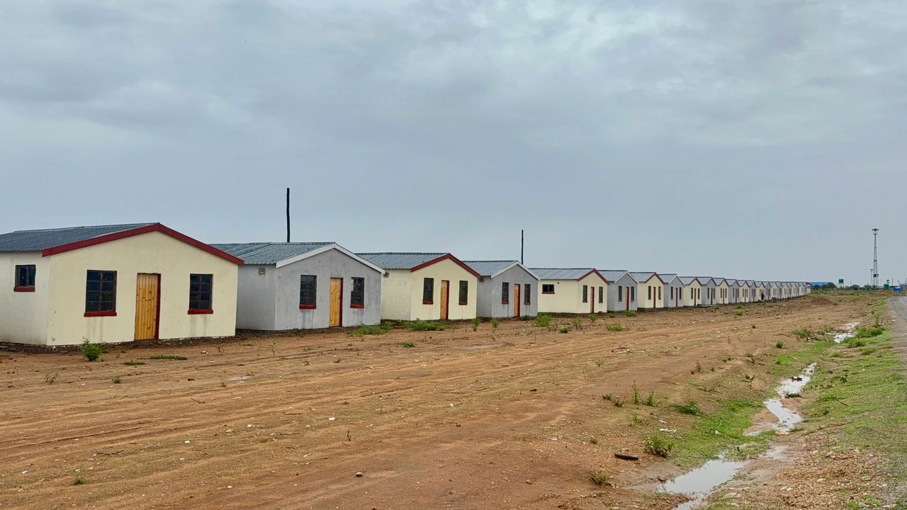 Completed housing units stand ready for allocation under the Accelerated Presidential Housing Scheme in Umguza. The government says the project represents progress toward inclusive, dignified, and sustainable human settlements, supporting the national Vision 2030 target of providing affordable housing and improved living standards for all Zimbabweans.