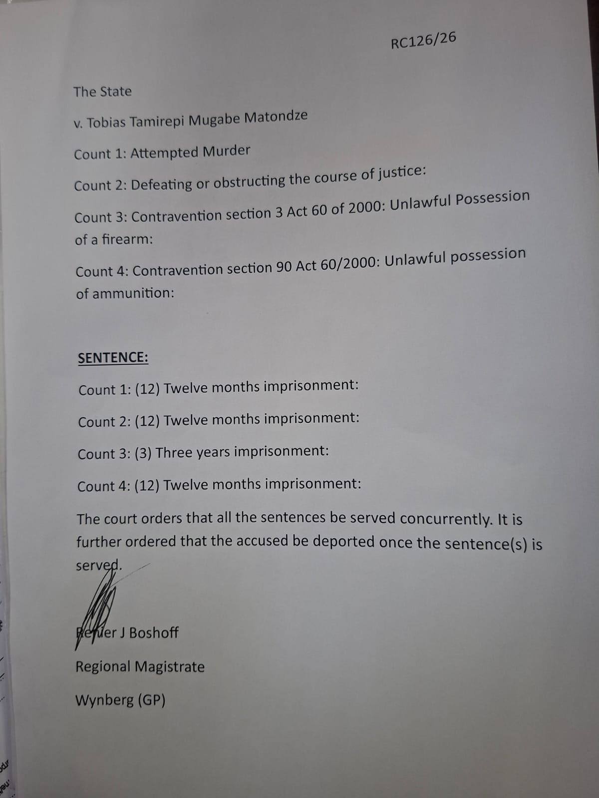 A Johannesburg court has ordered the immediate deportation of Bellarmine Chatunga Mugabe after convicting him of firearm and immigration offences.

He was fined R600,000, with the option of prison time if he fails to pay, and will be sent back to Zimbabwe.

His cousin, Tobias Matonhodze, has been sentenced to three years in prison after being found guilty of attempted murder, defeating the ends of justice, and unlawful possession of a firearm and ammunition.

More details to follow.