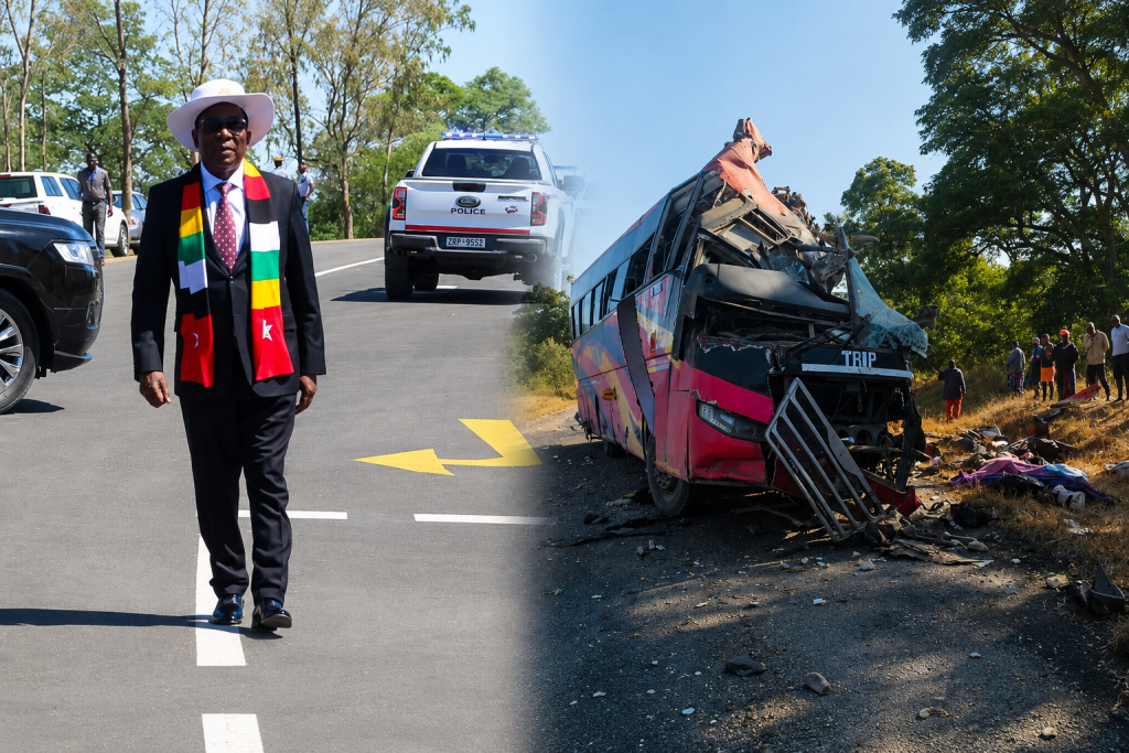 A split-image showing President Emmerson Mnangagwa walking along a newly rehabilitated highway accompanied by police vehicles, alongside the wreckage of a severely damaged passenger bus following a fatal road accident in rural Zimbabwe.