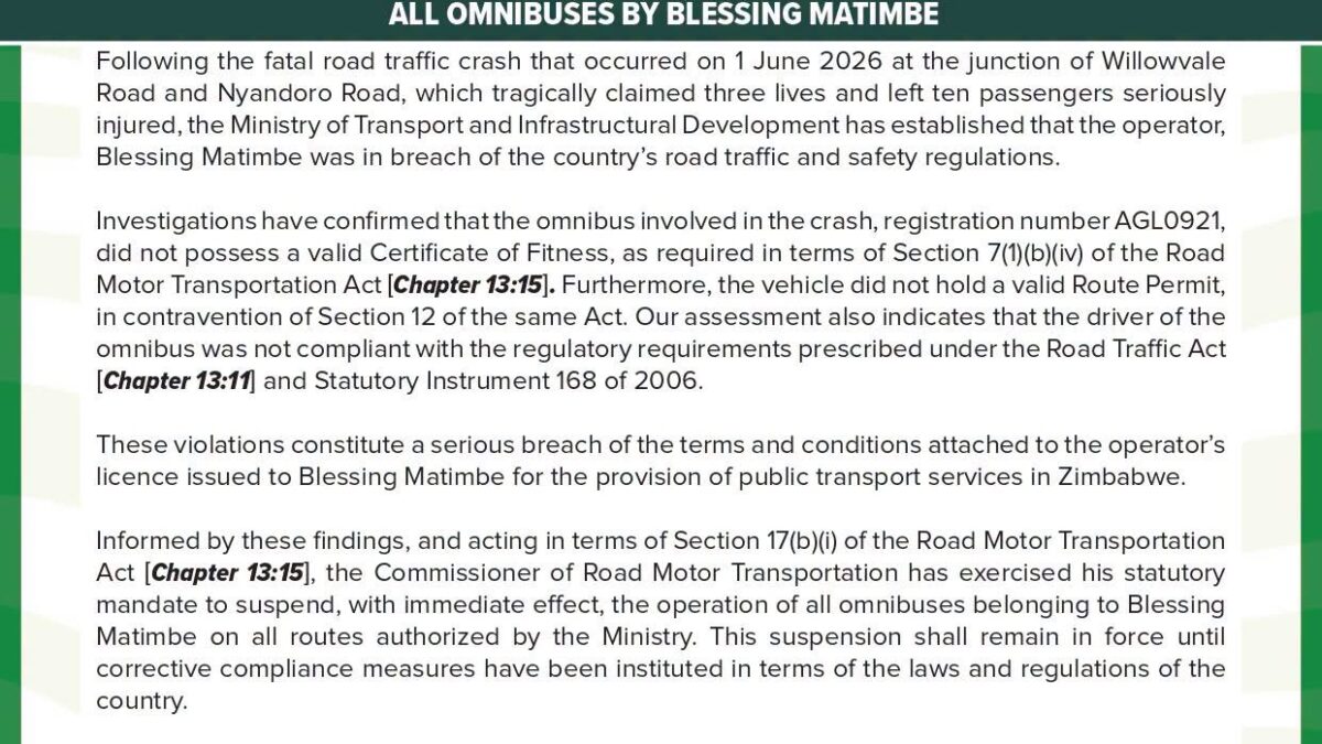 Government Suspends Blessing Matimbe Omnibus Operations After Fatal Crash
