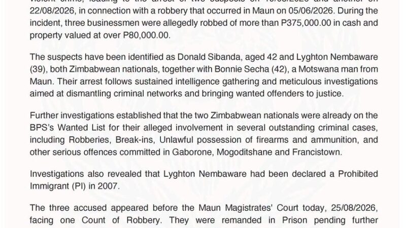 Three Arrested Over P375,000 Maun Robbery