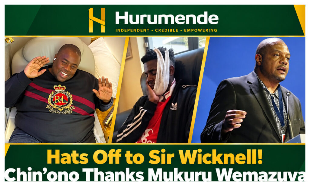 From left: Businessman Wicknell Chivayo, injured Lupane State University student Nkosingiphile Clemency Ndlovu, and journalist Hopewell Chin’ono. Chin’ono thanked Chivayo after he pledged US$10,000 towards the student’s treatment following a public appeal. Photo collage.