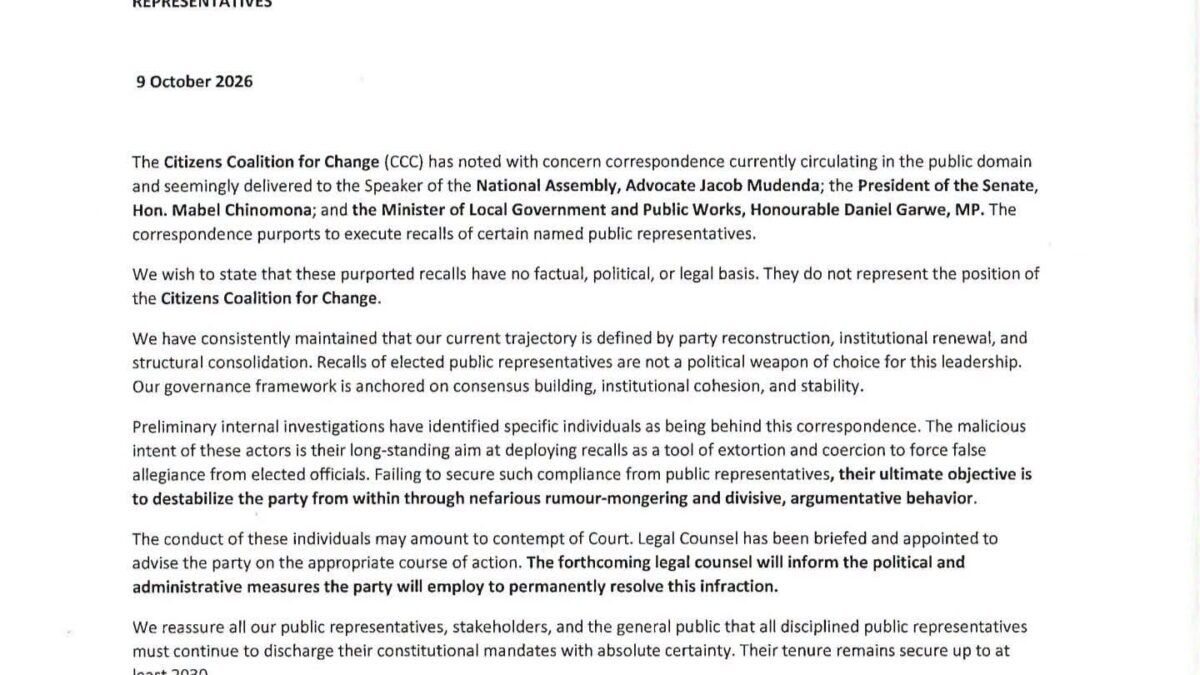 CCC Faction Rejects Recall of Coltart, Four Other Opposition Representatives