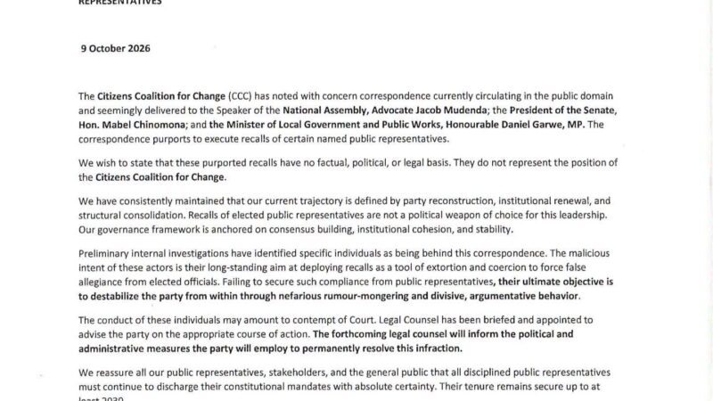 CCC Faction Rejects Recall of Coltart, Four Other Opposition Representatives